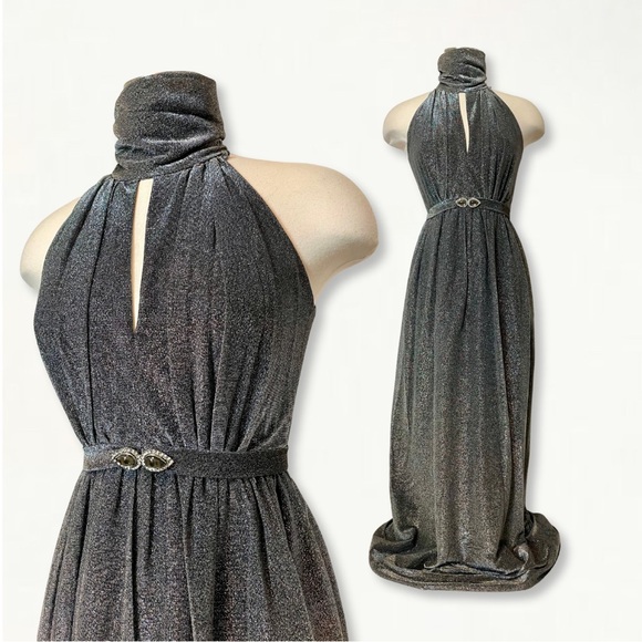 Vintage Dresses & Skirts - Vintage 1970s Silver Metallic Studio 54 Keyhole Jewel Belted Halter Maxi Dress